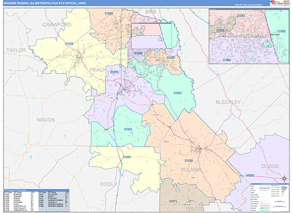 Warner Robins Metro Area Wall Map Color Cast Style